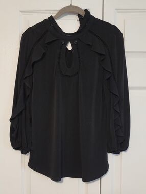 Black Ruffle Keyhole Blouse with Pintuck Trim